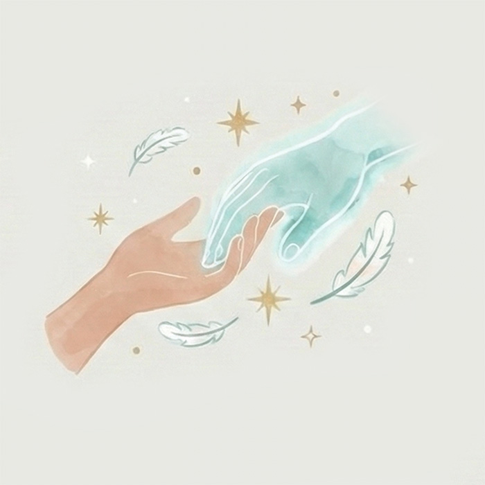 Illustration for Deepening your partnership with Spirit Guides - two hands holding - one hand raises and ghostly surrounded by sparkles and feathers