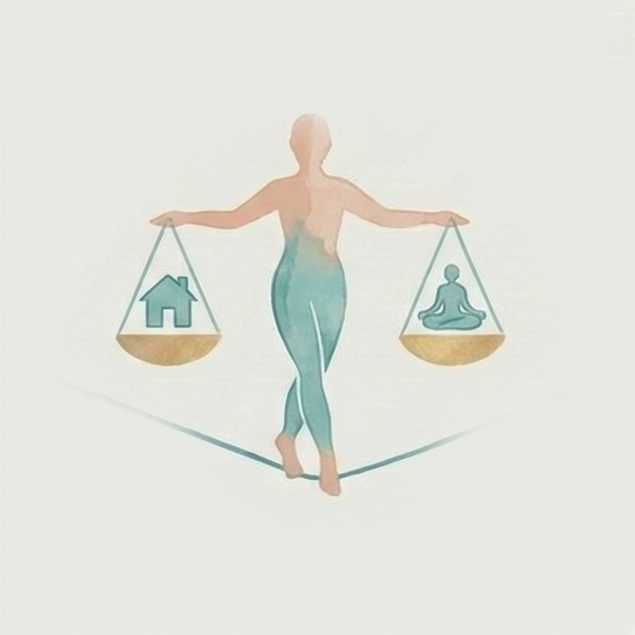Illustration for maintaining balance between daily life and spiritual work​ - a person walking along a tight rope with scales