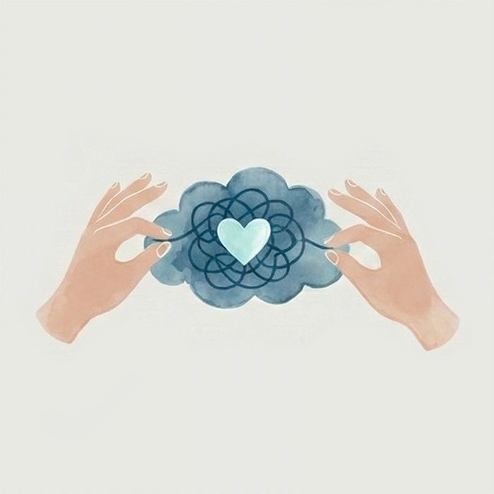 Illustration for Understanding and navigating emotional blocks - hands untangling a cloud with a heart in the centre